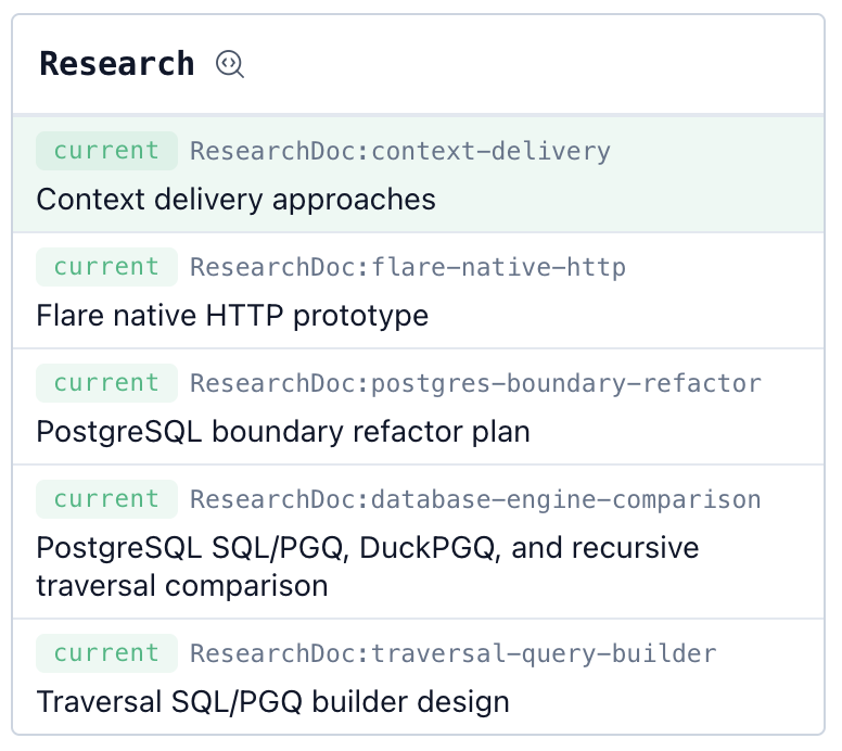 The engineering module is intended to track documents and context that doesn't live in the repo, such as research.